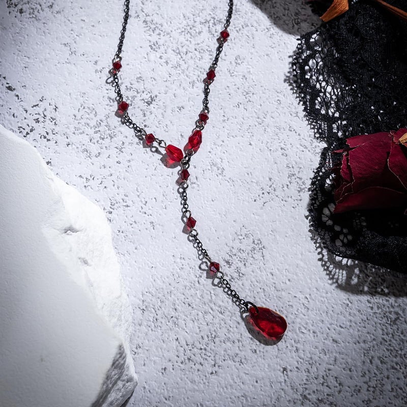 Cicod Gothic Y Necklace,Goth Black Red Crystal Bead Teardrop Necklace,Punk Y Necklace,Halloween Christmas New Year Jewelry Vampire Accessories for Women - Image 3